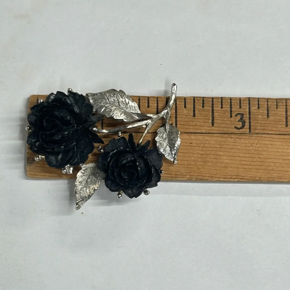 Gothic Black Rose Double Flower‎ Brooch Pin OS Silver Black Dark Romantic Grunge